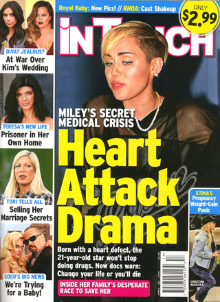 Illustration for article titled This Week in Tabloids: Miley in Danger of Drug-Induced Heart Attack